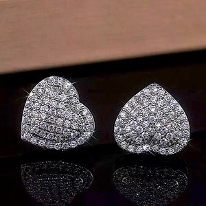 Pave Heart 18K White Gold Plated Stud Earrings